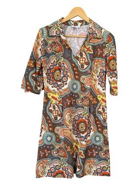 Jude Connally women’s collared V-neck Nylon Blend Paisley Tunic Dress Size Med